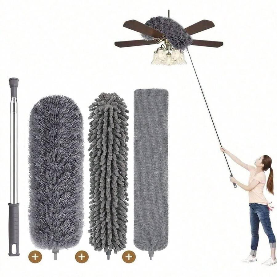 2/4pcs Ultra Soft Microfiber Dusting Cleaning Set With Extendable Pole, Flexible Duster, Suitable For Ceiling Fans, High Ceilings, Blinds, Furniture, Air Conditioners, Car Surfaces, Ideal For Kitchen, Bathroom, Home Cleaning - Grey - View 1