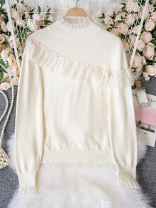 Women's New Autumn/Winter Apricot Casual Semi-High Neck Long Sleeve Ruffle Knit Base Layer Top With Beaded Design, Long Sleeve Sweater Fall - Apricot - View 7