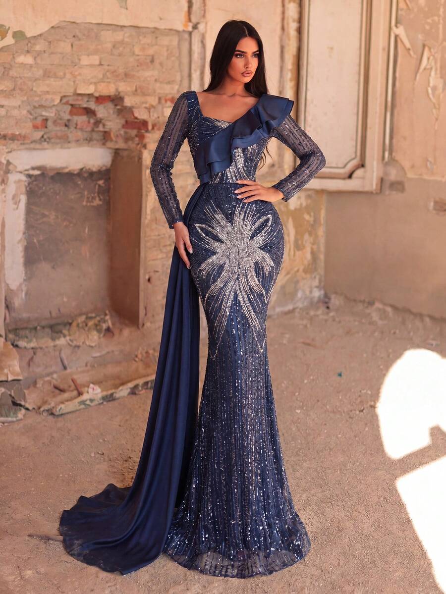 Stunning Formal Long Sleeve Square Neck Sequin Mermaid Evening Gown With Beaded Details And Fashionable Ruffle Trim, Suitable For Prom