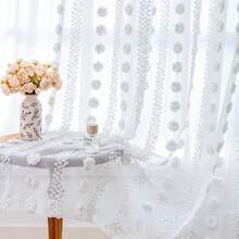 COSENNATUR 1pc White Pom Pom Striped Jacquard Semi-Sheer Curtain, Rod Pocket Design, Lightweight Soft Washable, Modern Minimalist Style, Suitable For Living Room, Bedroom, Dining Room, Office, Wedding Decor - White - View 7