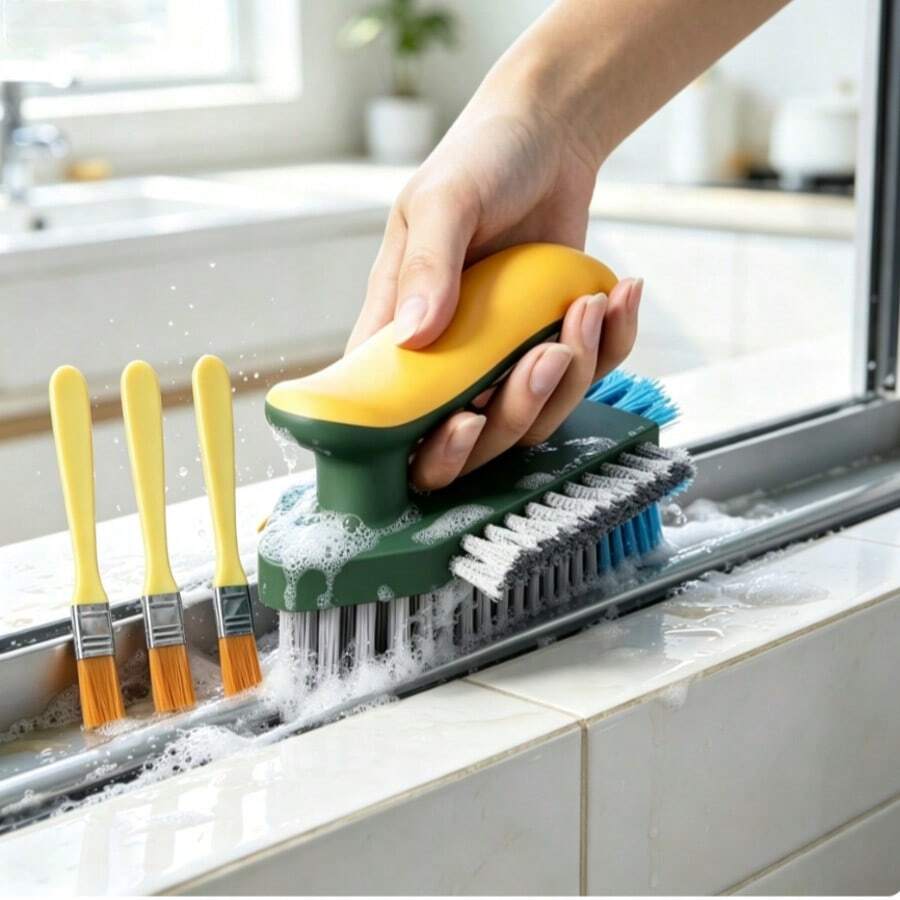 4pcs/Set 2-In-1 Cleaning Brush, Multi-Functional Gap Brush, Floor Brush, Bathroom Corner Gap, Toilet Cleaning Brush, Green/White, With Scraper, Durable Material, Suitable For Home Gap Cleaning