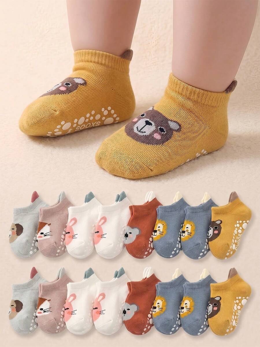12/24 Pairs Animal Non-Slip Grip Socks With Stay Heel,Unisex Toddler ...