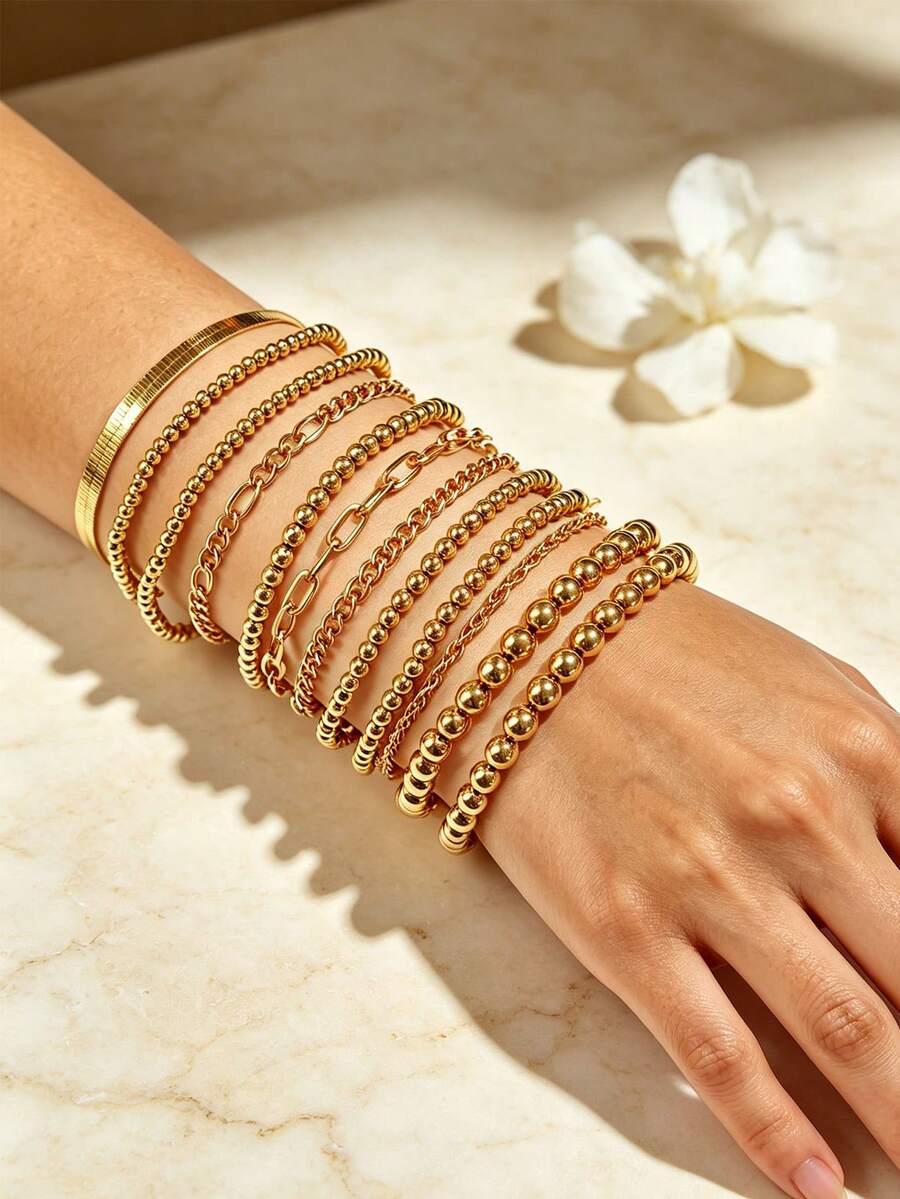 12PCS Vintage Glossy Round Bead CCB Bracelet Metal Chain Mixed Layering Bracelet Set For Women - Gold - View 1