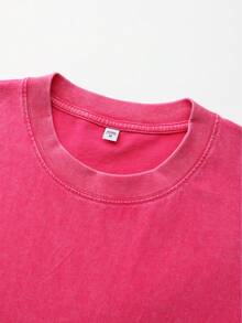 T-shirt d'été en coton lavé pour femme, style streetwear américain avec écussons de course, coupe ample, effet vieilli, noir, manches courtes, unisexe - Rose vif - Voir 5