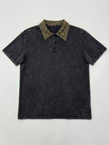 Y2K甜辣街頭風復古水洗 Polo 衫，豹紋領拼接寬鬆短袖休閒上衣，慵懶百搭日常通勤休閒上衣 - 黑色 - 查看 5