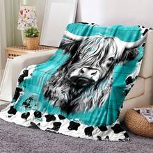 1pc Cow & Bull Pattern Soft Comfortable Flannel Blanket, Warm Cozy Nap Blanket For School Dorm Office, Bedding For All Seasons, Sofa Bed, Outdoor Camping, Gift - Mint Blue - View 2