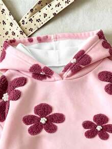Young Girl Floral Pattern Warm Hooded Sweatshirt - Pink - View 6