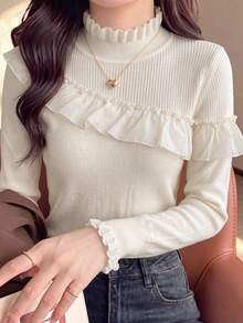 Women's New Autumn/Winter Apricot Casual Semi-High Neck Long Sleeve Ruffle Knit Base Layer Top With Beaded Design, Long Sleeve Sweater Fall - Apricot - View 5