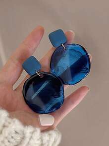 1 Pair Vintage Dark Blue Asymmetrical Resin Pendant Earrings, Square Top Women's Jewelry, Suitable For Party, Vacation And Daily Wear - Blue - View 1
