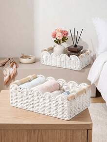 1pc Wicker Basket With Wooden Handle & Paper Rope, Multi-Use Storage Bin For Daily Home Organization. Suitable For Kitchen, Bathroom, Bedroom, Living Room, Dorm & Office. Perfect For Countertop, Shelf, Dressing Table, Stylish Home & Farmhouse Decor - White - View 3