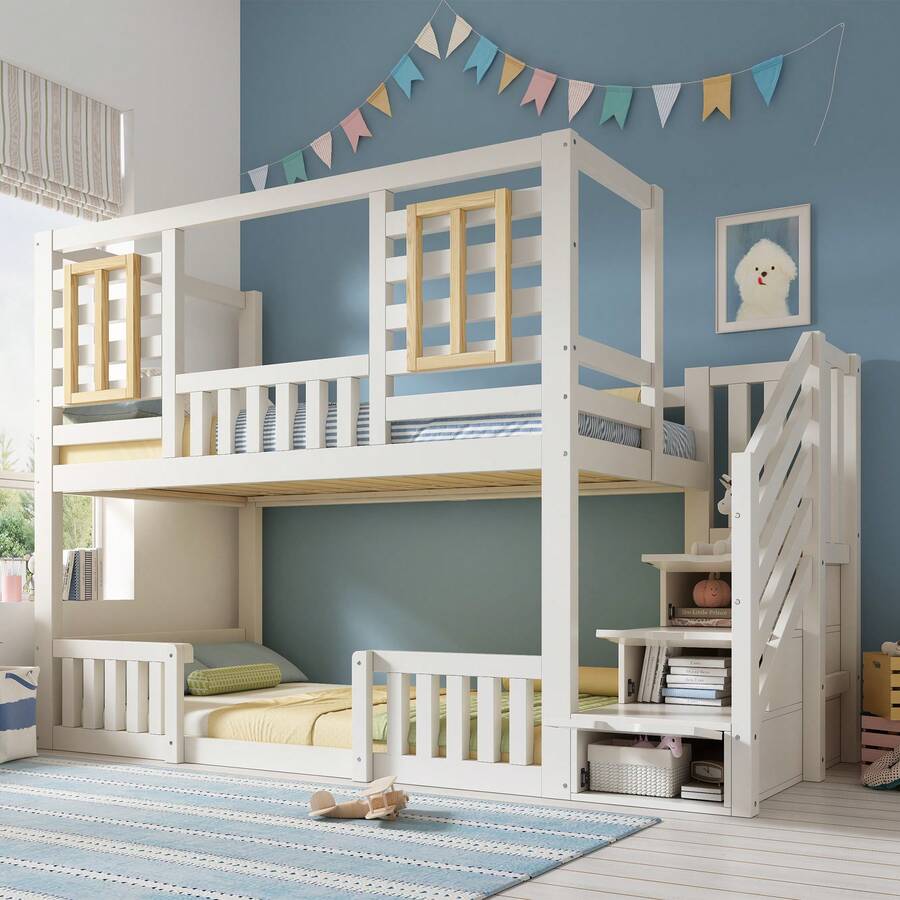 Bunk Bed White Cabin Style 90x200 Cm Kids Bed With Storage Ladder - 白色 - 查看 1