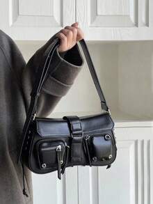 Dedoo 女款黑色人造皮革斜挎包，多口袋設計，綁帶細節，酷帥龐克風，適合日常使用，四季皆宜，青春風格（附贈禮品袋） - 黑色 - 查看 6