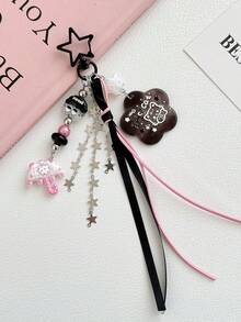 1pc Sweet Cool Black & Pink Kitten Star Strawberry Pendant, Pink Umbrella Beaded Tassel Bag Charm Accessory - Multicolor - View 3