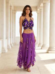 Professional Belly Dance Sequin Coin Fringe Halter Crop Top, Elastic Waist Side Slit Layered Chiffon Skirt For Dance Training, Stage Shows And Competitions - Multicolor - View 18