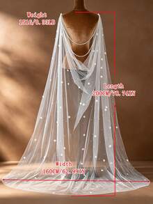 1 Stück weißer weicher Tüll bodenlanger Brautumhang mit Kunstperlen und Blumendekor, Hochzeitskleid Schal, Abendparty Accessoire - Weiss - Übersicht 8