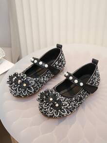 Girls' Pearl Rhinestone Princess Ballet Shoes, Bowknot Breathable Casual Shoes, Versatile Daily Wear For Spring, Summer, Autumn - Black - View 2