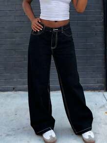 Women's Flame Embroidered Loose Straight Leg Denim Jeans - Black - View 2