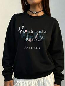 SHEIN X FRIENDS Women's Solid Color Crew Neck Sweatshirt, Drawing Of Life Characters, Perfect For Spring Outings, Casual Everyday Wear Black - Black - View 2