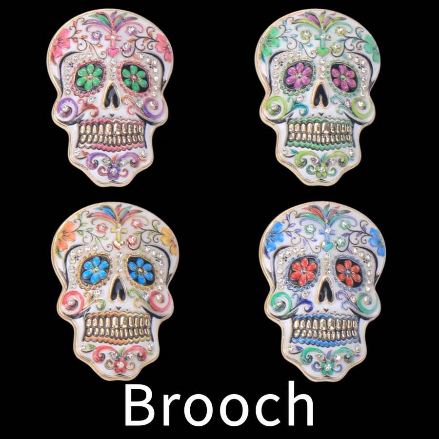 1/4 Vintage Oil-Drip Rhinestone Skull Brooch, Skull-Shaped Alloy Pin, Unique Niche Halloween Costume Accessory - Style - View 1