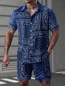 Conjunto de camisa de manga corta de un solo pecho con estampado de cachemira ligera & pantalones cortos para hombre, cintura elástica con cordón y bolsillos, conjunto de 2 piezas de camisa con patrón floral de nuez de la oeste vintage + pantalones cortos bermuda, adecuado para estilo callejero, uso diario, viajes de vacaciones - azul real - Ver 3
