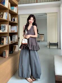 Korean Style Loose Fit Slimming Linen Lantern Casual Long Pants, Suitable For Spring And Autumn - Grey - View 2