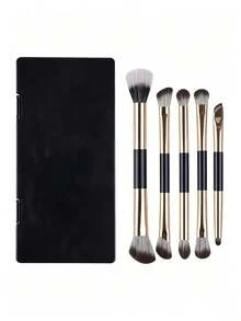 4/5pcs Solid Black Dual-Ended Makeup Brush Set, Minimalist Style Synthetic Fiber Material Multi-Shape With Built-In Mirror Case Detail, Multi-Scene Blending Function Travel Makeup Brushes Kit, For Daily Make-Up Dating Trip All Season Beauty Use - Multicolor - View 5