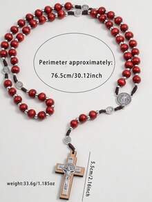 1pc Handmade Red Rosary Necklace, Vintage St. Benedict Cross Pendant Necklace, Christian Gift, Handwoven Necklace - Brownish Red - View 3