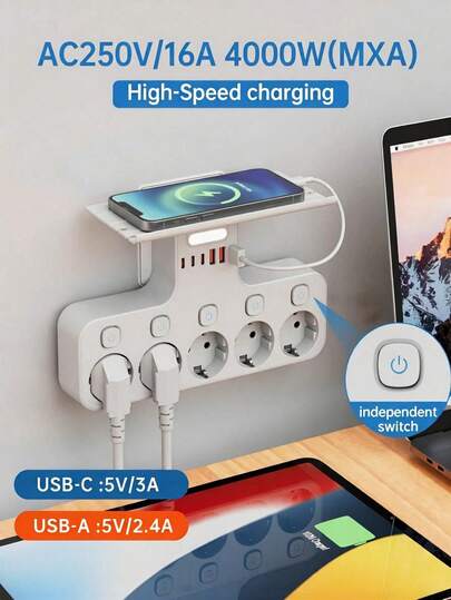 SOKANY Standard-Eurostecker, mit 5 AC-Steckdosen und 6 USB-Anschlüssen, mit Lichtsensor und intelligenter Nachtlichtfunktion, separatem Netzschalter mit Überlastungsschutz, geeignet für Schlafzimmer, Wohnzimmer, Arbeitszimmer, Küchen und andere Räume.