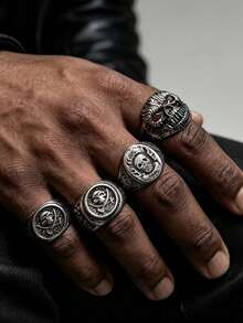Gothic Dark Full Circle Skull Wide Band Ring, Vintage Heavy Metal Carved Flame Skull Personalized Distressed Men's Large Size Stackable Combination Ring, Motorcycle Hip-Hop Accessory Gift, Daily Commute Halloween Gift, Random Style 1pc/2pcs/3pcs/4pcs/5pcs/6pcs - Multicolor - View 2