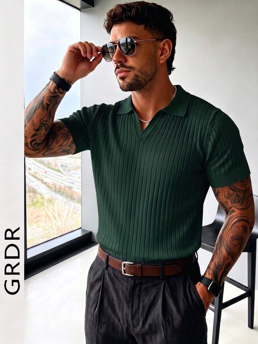 GRDR 男士夏季纯色 Polo 领短袖针织衫，适合夏季外出穿着，时尚造型必备单品