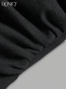 DONICY Women's Black Square Neck Twist Front Cropped Shoulder Top, Ruched Short Sleeve Fitted Party T-Shirt - Black - View 5