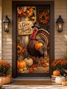1pc Thanksgiving Turkey Door Curtain Backdrop, Give Thanks Pumpkin Maple Leaf Sunflower Print Polyester Vertical Door Banner, Suitable For Entryway, Front Porch, Farm Theme Party And Autumn Home Decor, Multiple Sizes Available - A - View 6