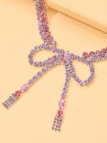 outingfit 1pc New Rhinestone Bow Tassel Necklace, European & American Party Style Sparkling Crystal Collarbone Chain - Silver - View 5