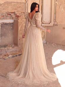 Faeriesty Elegant Square Neckline Tulle Overlay Mermaid Hem Beaded Formal Gown And Evening Dress Party Wedding Vacation Fall - Champagne - View 3