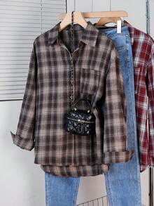 Women's Autumn Brushed Plaid Front Button Pocket Home Shirt - Brown - View 1