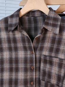 Women's Autumn Brushed Plaid Front Button Pocket Home Shirt - Brown - View 3