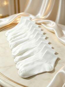 10 Pasang Kaos Kaki Olahraga Wanita Musim Panas Berwarna Polos yang Bernapas, Panjang Setengah Betis - Putih - View 3