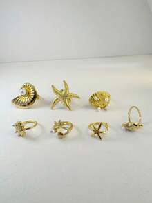 Set de 7 piezas de anillos geométricos de aleación de zinc con estilo punk, con estrella de mar, concha y perla falsa, regalo único para mujeres para usar a diario - 32657-anillo-G - Ver 3
