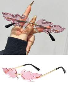 1/2/3pcs Women's Flame Shaped Rhinestone Red Rimless Glasses, European And American Style Exaggerated Personalized Fashion Glasses, Zinc Alloy Temple, Suitable For Party / Music Festival / Street Photography / Theme Event / Stage Performance Niche Eye-Catching Accessory - Multicolor - View 24