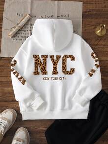 1pc Tween Girl NYC Leopard Print Letter Hooded Sweatshirt, American Vintage White Loose Fit Casual Pullover Sweatshirt For Spring And Autumn - White - View 4