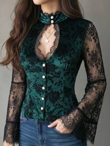 Women's Autumn Velvet Lace Top, Long Ruffle Sleeve Stand Collar Blouse, Semi-Transparent Details, High Elastic Knit Fabric Fall - Green - View 5