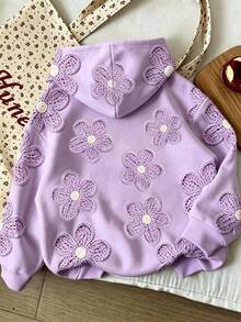 Young Girl Cartoon Pattern Warm Hooded Sweatshirt - Purple - View 2