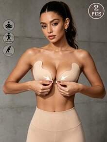Runway Rest 2件装女士隐形粘性聚拢文胸，可重复使用硅胶胸贴，前扣式设计，适合婚礼、正式礼服或无肩带内衣穿着。 - 彩色 - 查看 1
