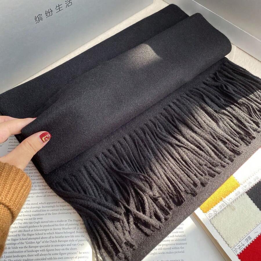 1pc Halloween Fall Winter Solid Wool Pashmina Scarf, Tassel Cold‑Proof Unisex Couple Shawl Wrap, Warm Accessory For Halloween Party Daily Wear - Black - View 1