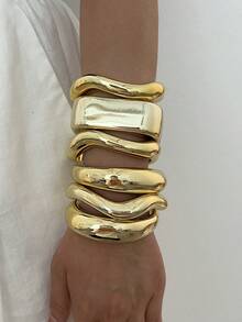 6pcs/3pcs/1pc Vintage Elegant Bohemian Style Women's CCB Gold Open Geometric Bracelet, Asymmetrical Geometric Striped Wave Wide Cuff Water Drop Bracelet, Suitable For Women's Daily Wear, Gatherings, Parties, Summer Beach Vacation, Travel, Gift Giving - Gold - View 4