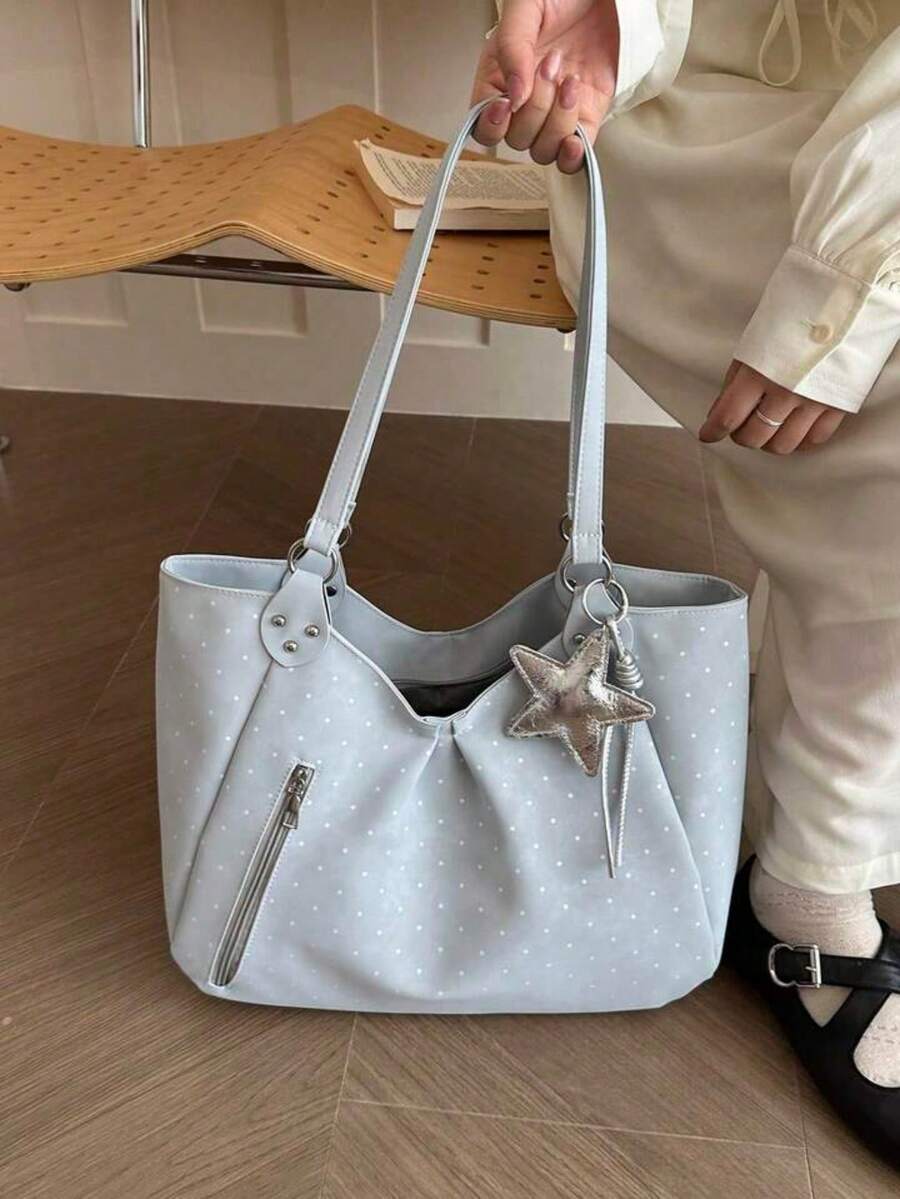 1件女款粉色波點托特包,柔軟大容量單肩包,附星星吊飾,休閒日常通勤購物手提包,側邊拉鍊口袋 - 淺藍色 - 查看 1