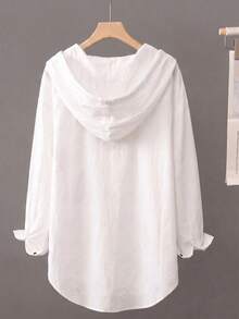 Plus Size Women's Hooded Button-Up Shirt, Drawstring Design, Long Sleeve Loose Casual Top, Elegant Street Style Jacket, Suitable For Spring/Autumn Daily Wear, Commuting And Street Style, Autumn/Winter Matching - White - View 2
