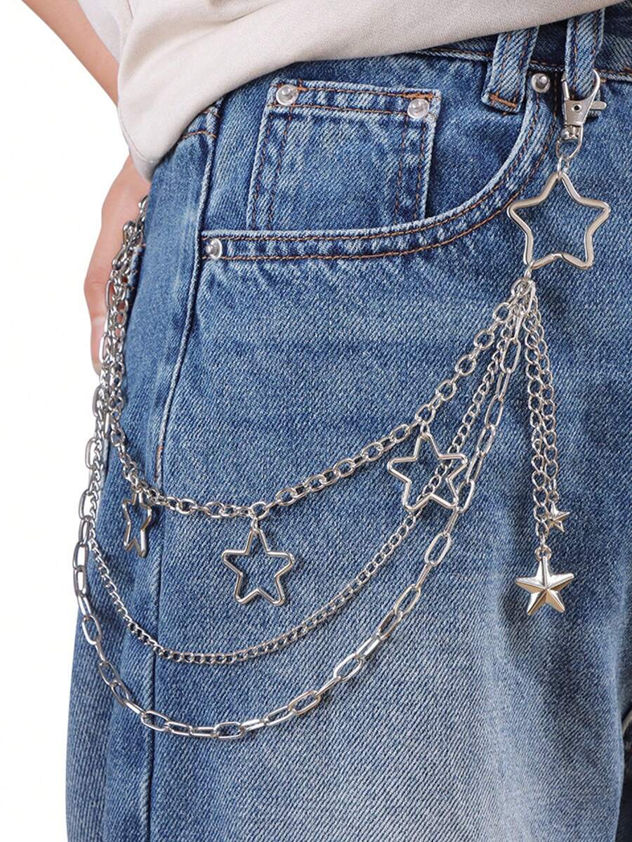 1 Peça Corrente de Calça de Metal Multicamadas com Pentagrama Vazado, Elegante e Personalizada, Corrente de Calça Hip-Hop Versátil - Multicolorido - Visão 1