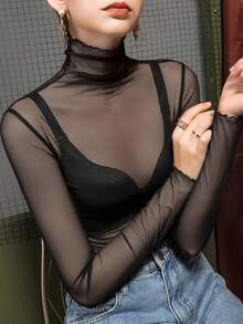 Plus Size Spring/Summer New Black Sheer Mesh Base Layer Top, High Neck Slim Fit Flattering Sun Protection Cover-Up Cover Up Casual - Black - View 3