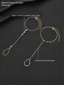 2pcs/Set Gold Cubic Zirconia Chain Finger Bracelet Set, Fashion Ring Bracelet Jewelry, Suitable As Gift, Party, Wedding - Gold 2 - View 5